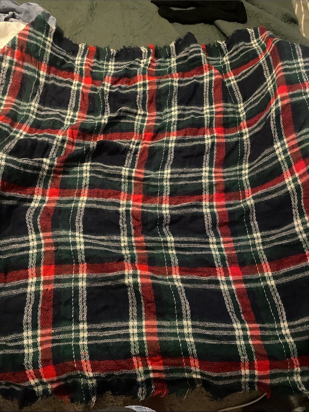 Plaid Fringe Scarf in Navy, Forest Green & Red